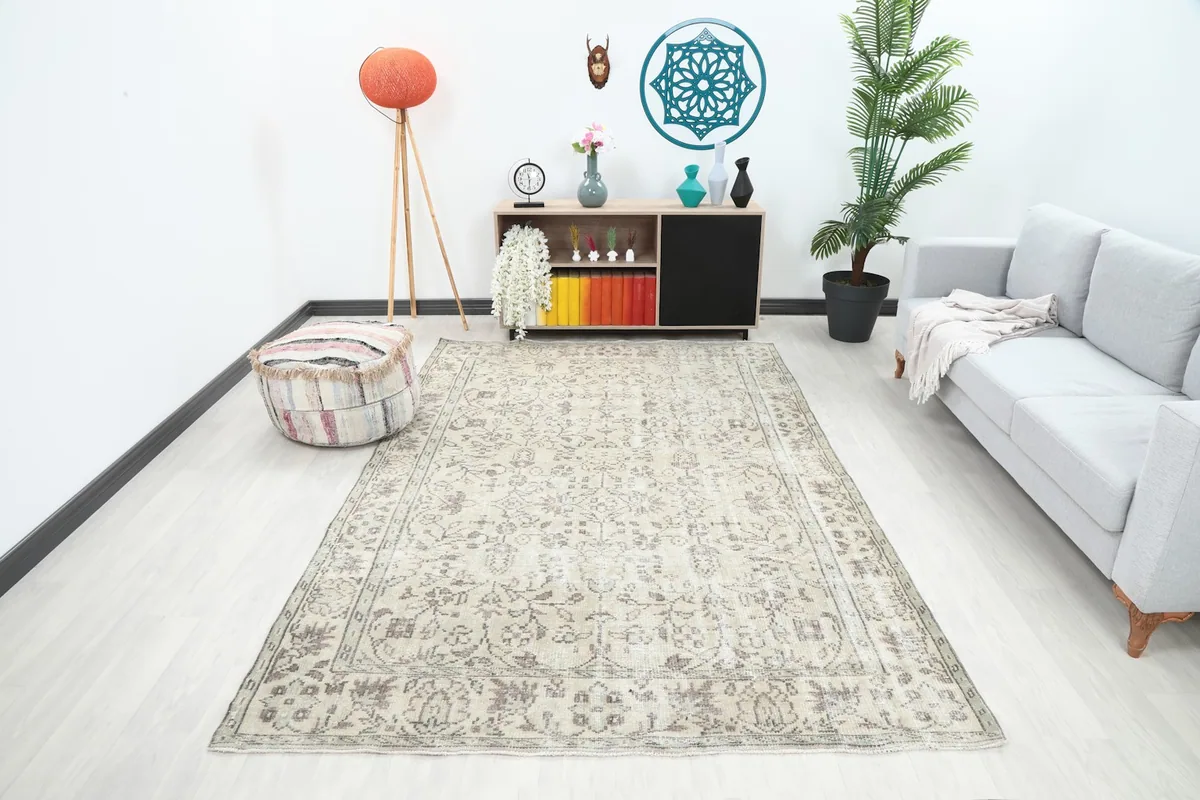 Vintage beige and gray rug placed in a living room setting with a light gray sofa and modern decor.