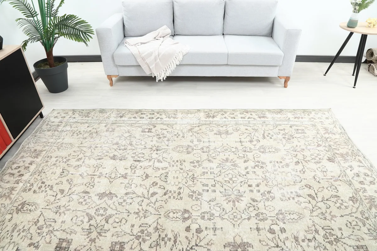 Overhead view of the rug in the room, showing its placement in front of a sofa.
