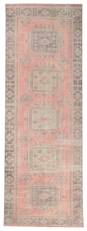 Faded Rose Geometric Anatolian Runner, full top view showing faded rose field and gray geometric motifs.