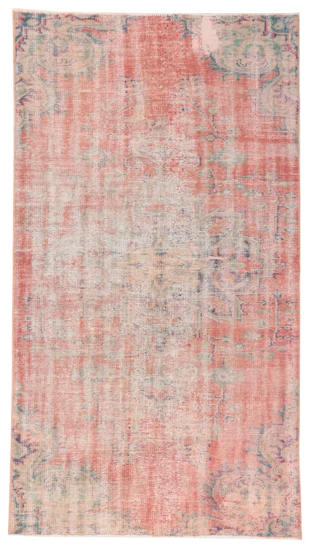Full top view of the 4'7" x 8'3" rose distressed vintage Anatolian area rug on a white background.