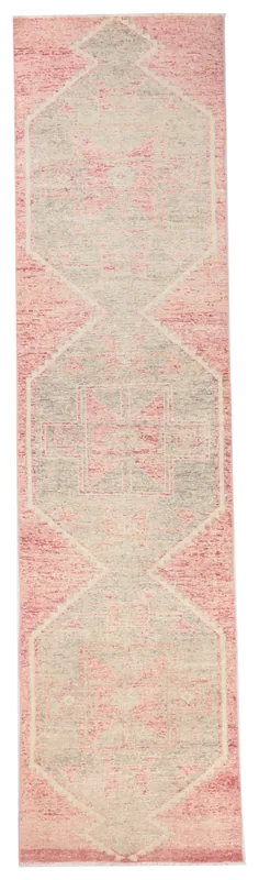 Full overhead view of the 2'9" x 11'4" rose and gray geometric vintage Anatolian runner on a white background.
