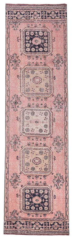 Full overhead view of the rose and navy tribal geometric vintage Anatolian runner