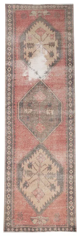Full overhead view of the rose and gray geometric Anatolian runner rug