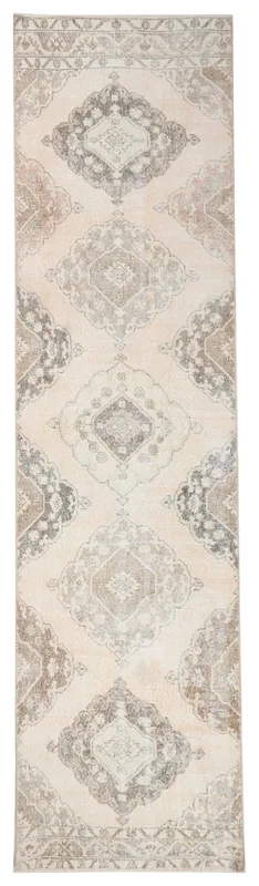 Full overhead view of the 3'2" x 12'2" cream and beige Anatolian runner rug with geometric medallions