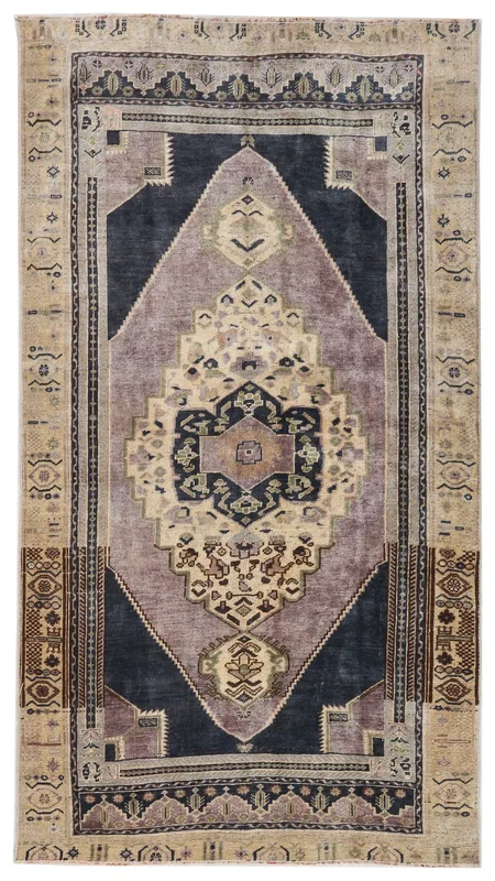 Full overhead view of the 4x7 vintage Anatolian rug with muted rose and navy medallion on a white background.