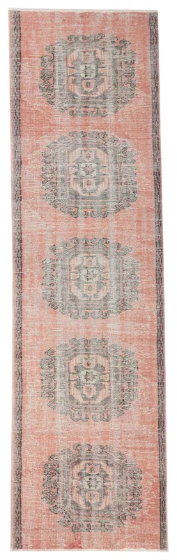 Full overhead view of the 3'0" x 10'6" vintage rose runner rug with gray medallions.