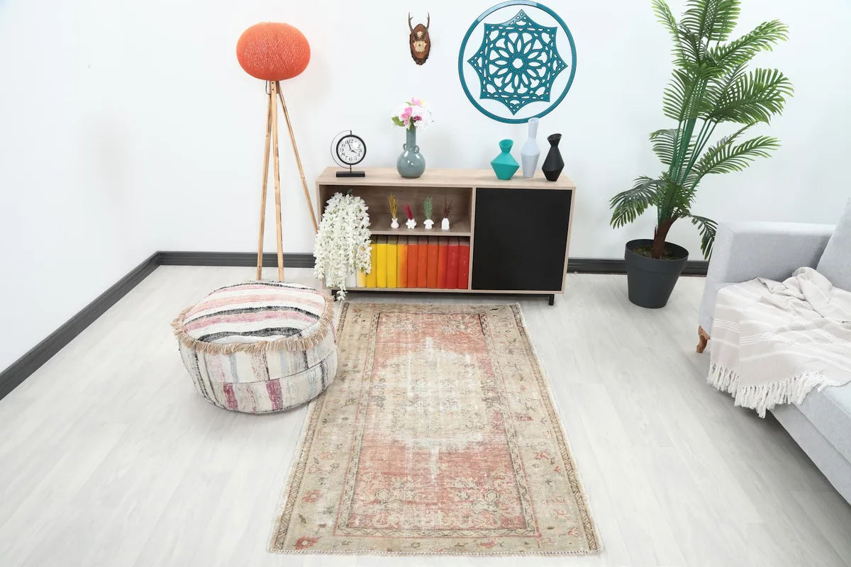 Area rug showcased in a modern living room setting from an elevated perspective.