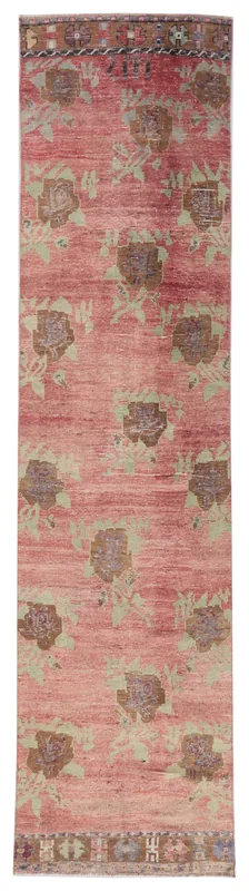 Faded Rose Floral Anatolian Runner, full top view showing floral motifs on a rose field.