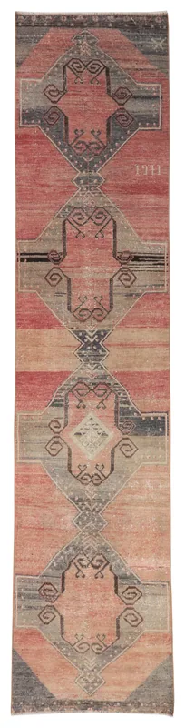 Full top view of the 2'9" x 12'6" vintage Anatolian runner rug on a white background