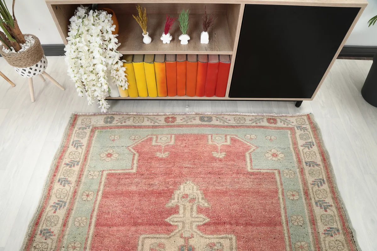 View of the Rust Medallion Anatolian Area Rug from above, highlighting the rust field and green border.