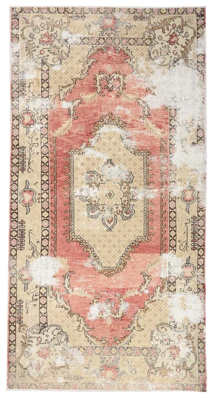 Full overhead view of the vintage Anatolian rug with a rust and beige medallion design