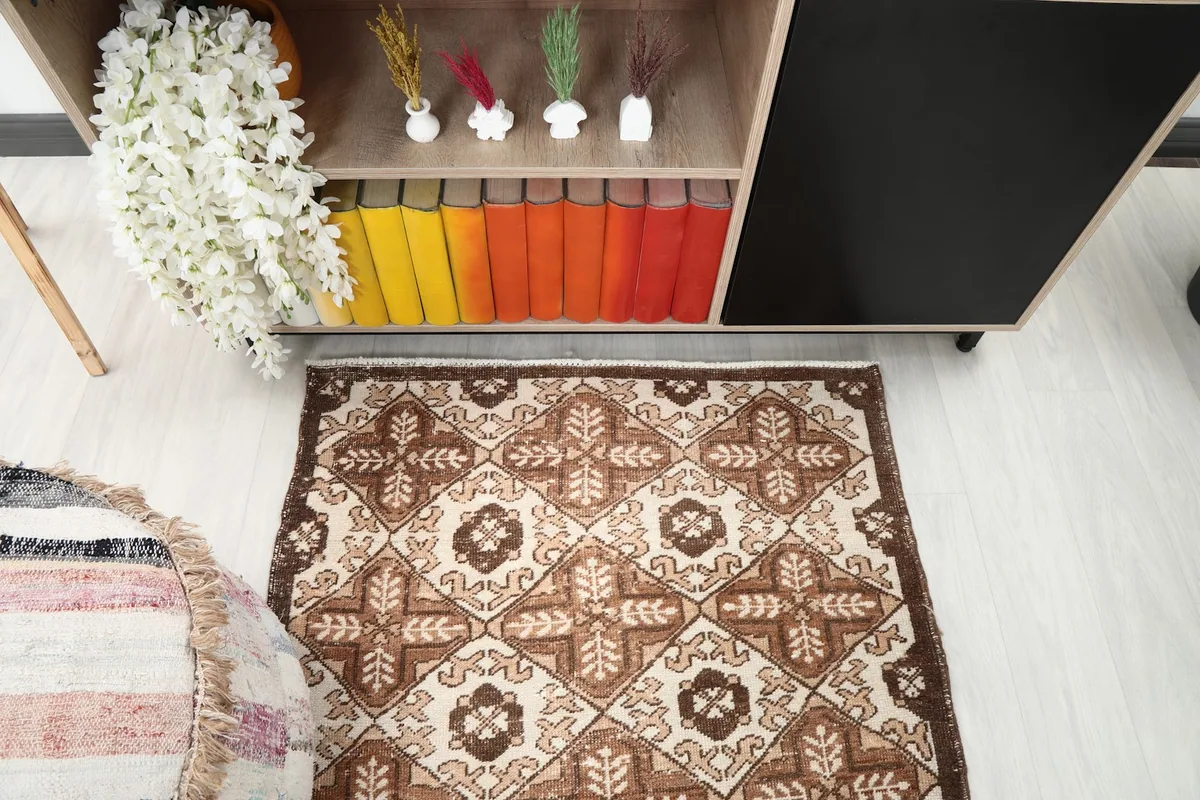 Overhead view showing the rug's full pattern and colors in a room setting