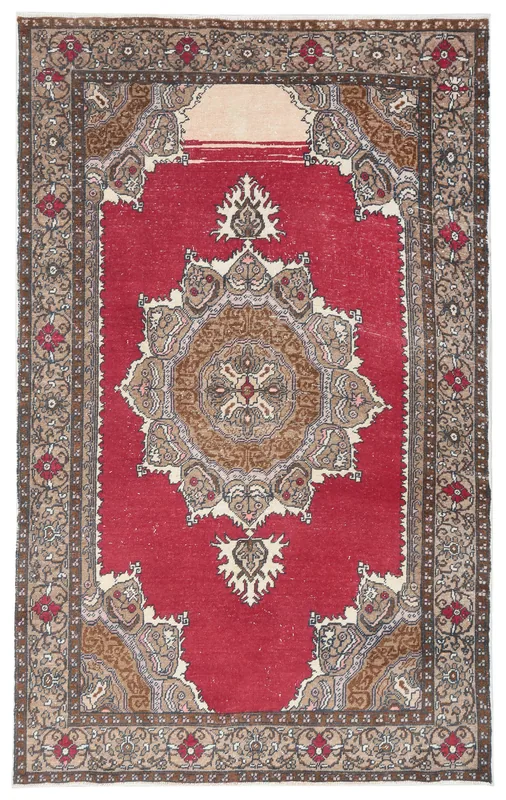 Full top view of the vintage red Anatolian area rug with a central medallion