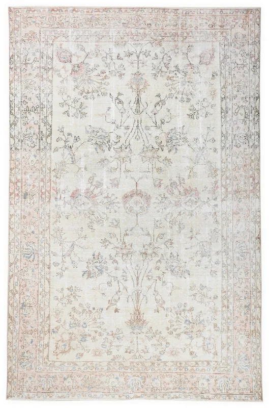 Full top view of the vintage ivory and rose floral Anatolian area rug