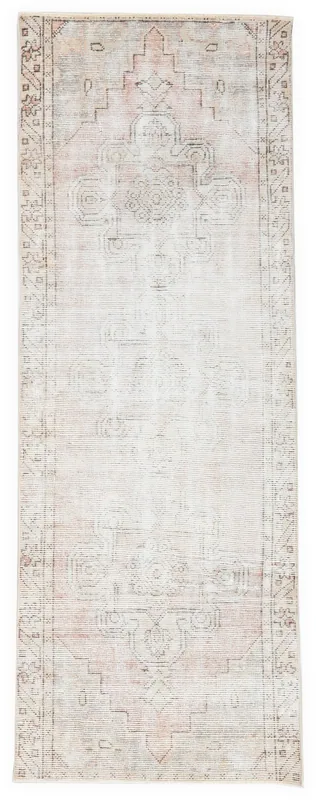 Faded Beige Geometric Medallion Runner, full top view showing faded colors and pattern.