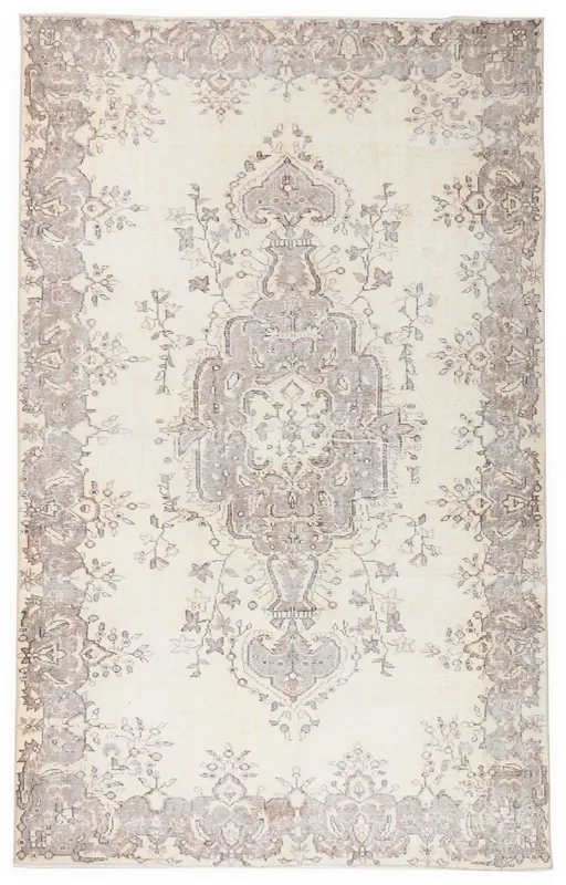 Ivory Gray Medallion Anatolian Rug, full top view showing the central medallion and border.