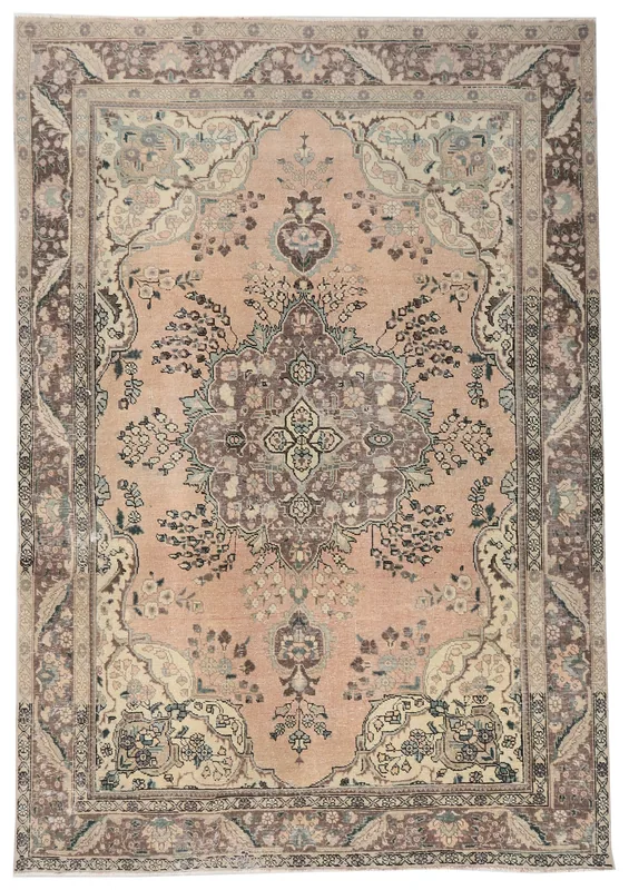 Full top view of the vintage Anatolian rose and brown medallion area rug