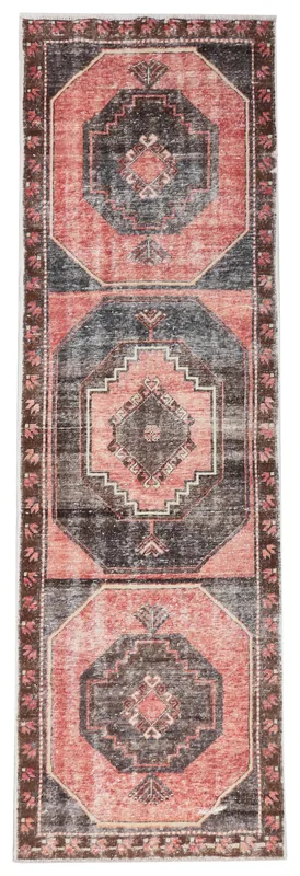Full overhead view of the 3'3" x 10'7" rose and charcoal geometric vintage runner rug on a white background.