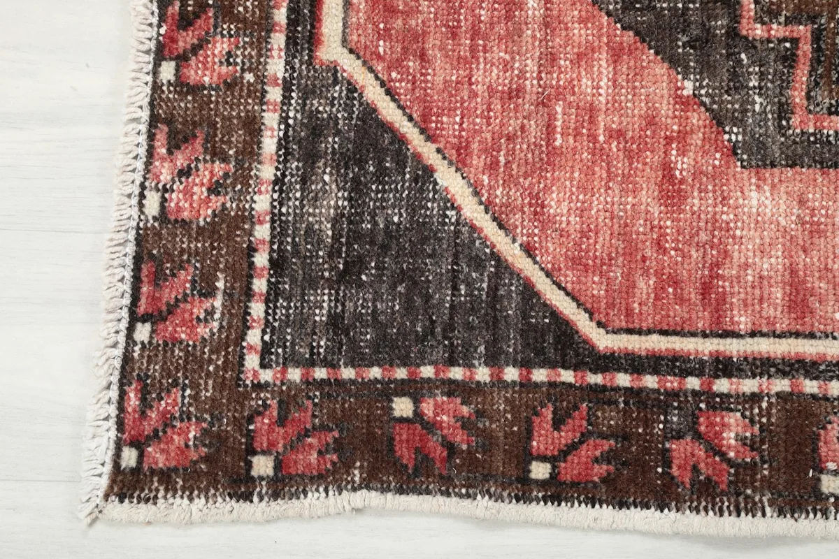 Detail of the brown border with small rose-colored leaf-like motifs and fringed edge.