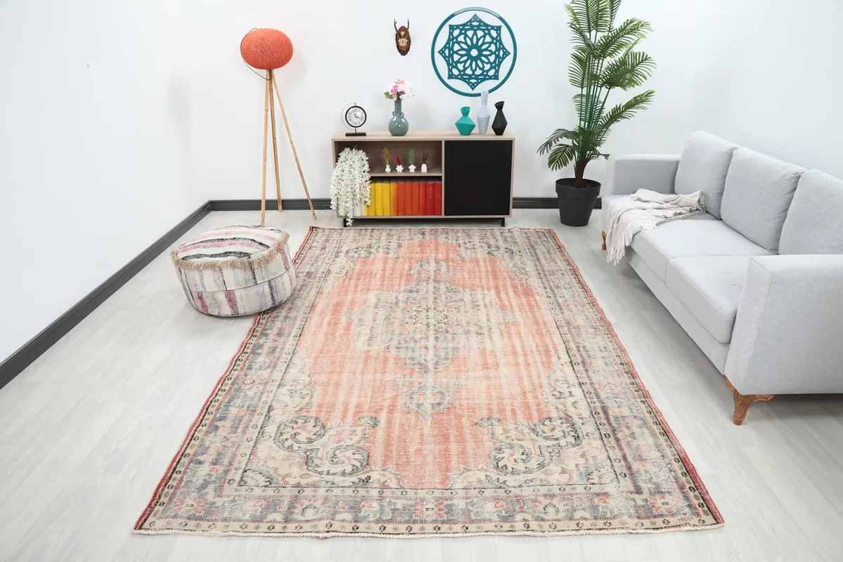 Large area rug with rust field and blue border in a living room setting with a gray sofa and modern decor.