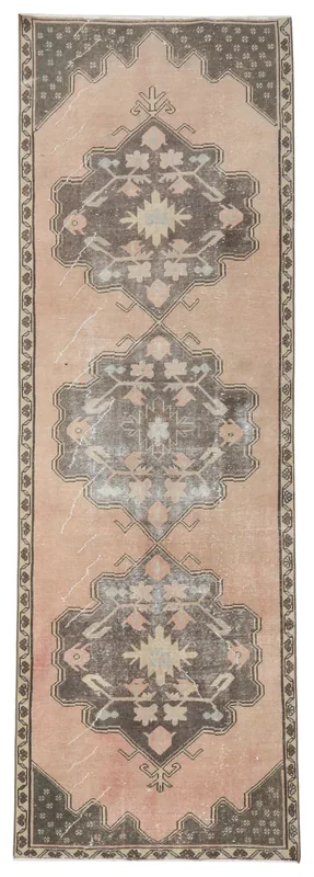 Full top view of a 3'1" x 9'6" vintage Anatolian runner rug with rose field and charcoal medallions