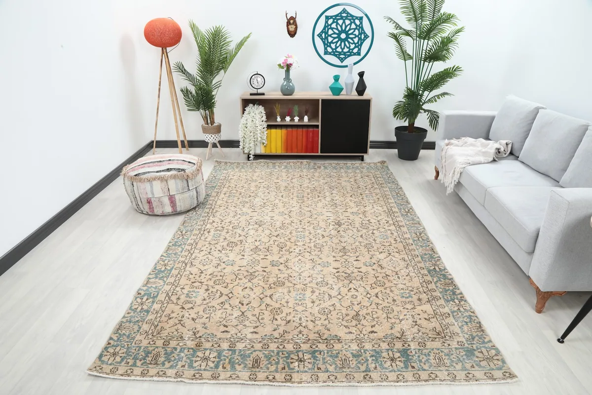 Vintage Anatolian rug displayed in a bright living room setting with a sofa and plants.