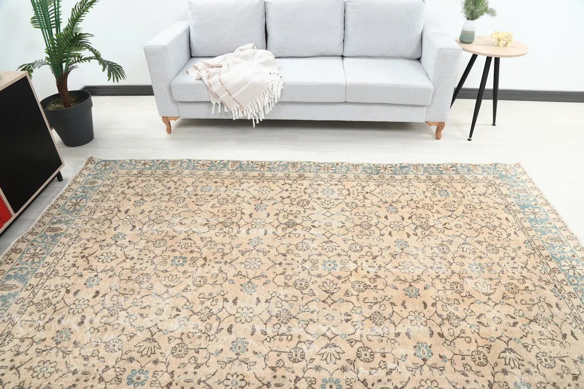 Overhead view of the rug in a living room, highlighting its colors and how it complements the decor.