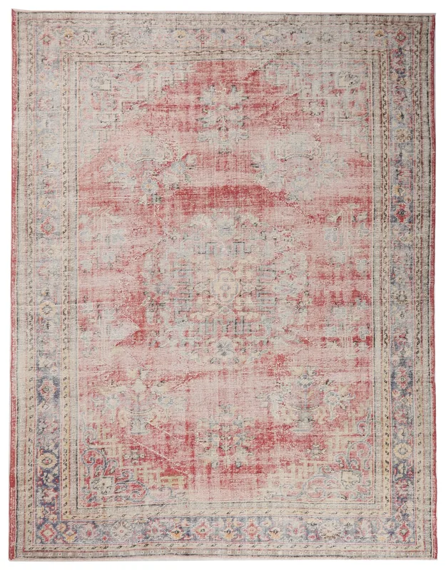 Full top view of the 8'6" x 10'10" rose and gray vintage Anatolian area rug