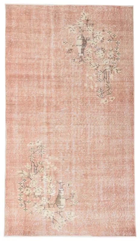 Faded Rose Floral Anatolian Rug, full top view showing faded rose field with cream and brown floral motifs.