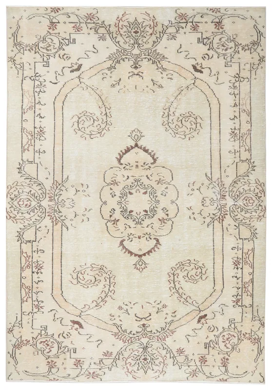 Full top view of the vintage Anatolian rug with ivory field and brown medallion