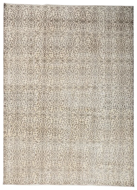 Full top view of the ivory and charcoal floral vintage Anatolian rug