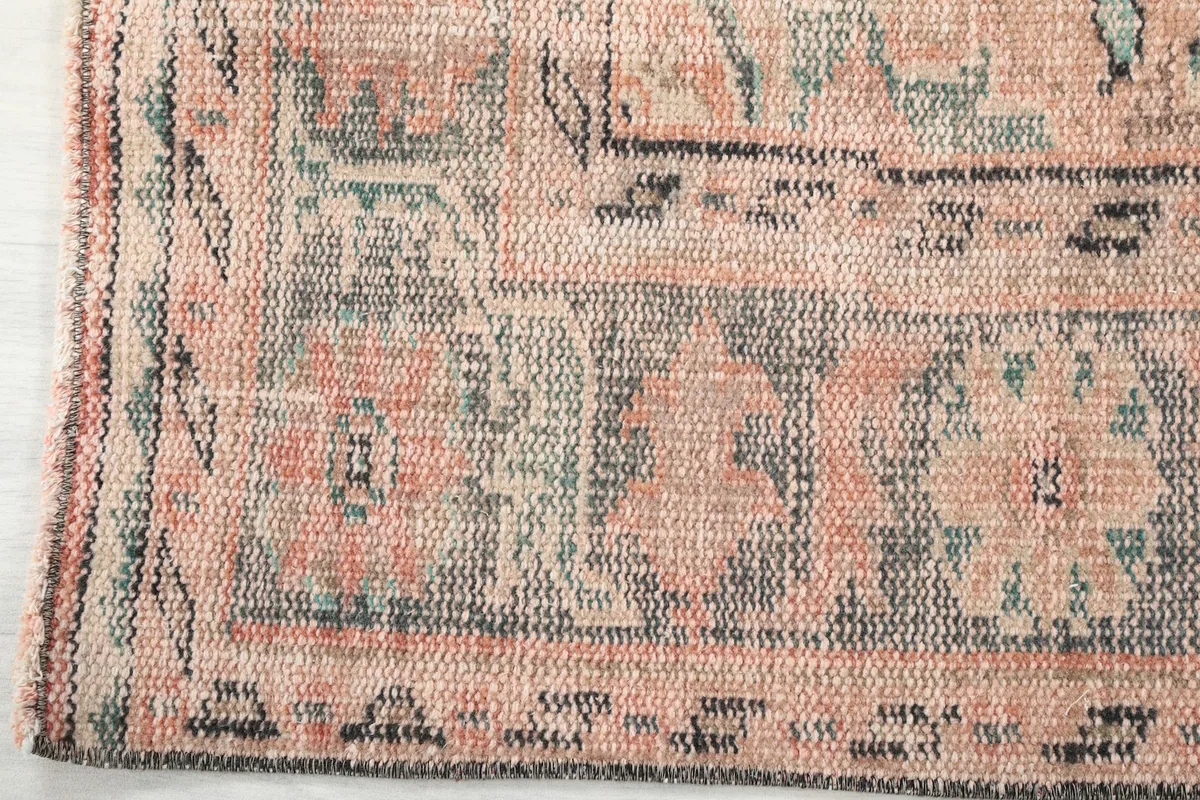 Close-up of the rug's border, showcasing the geometric and floral elements and color variations