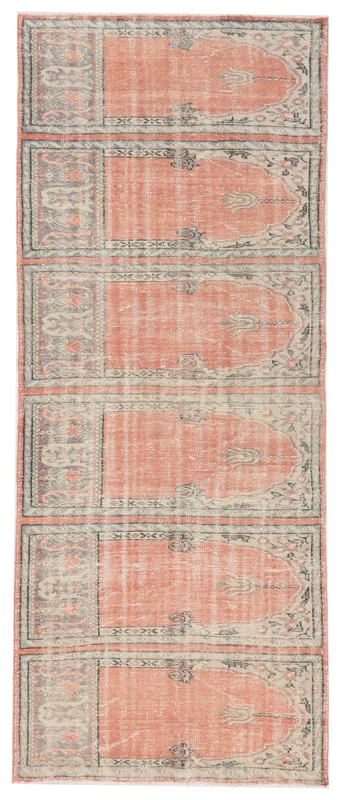 Full top view of the 4'1" x 10'2" vintage Anatolian runner with rust and gray panel motifs