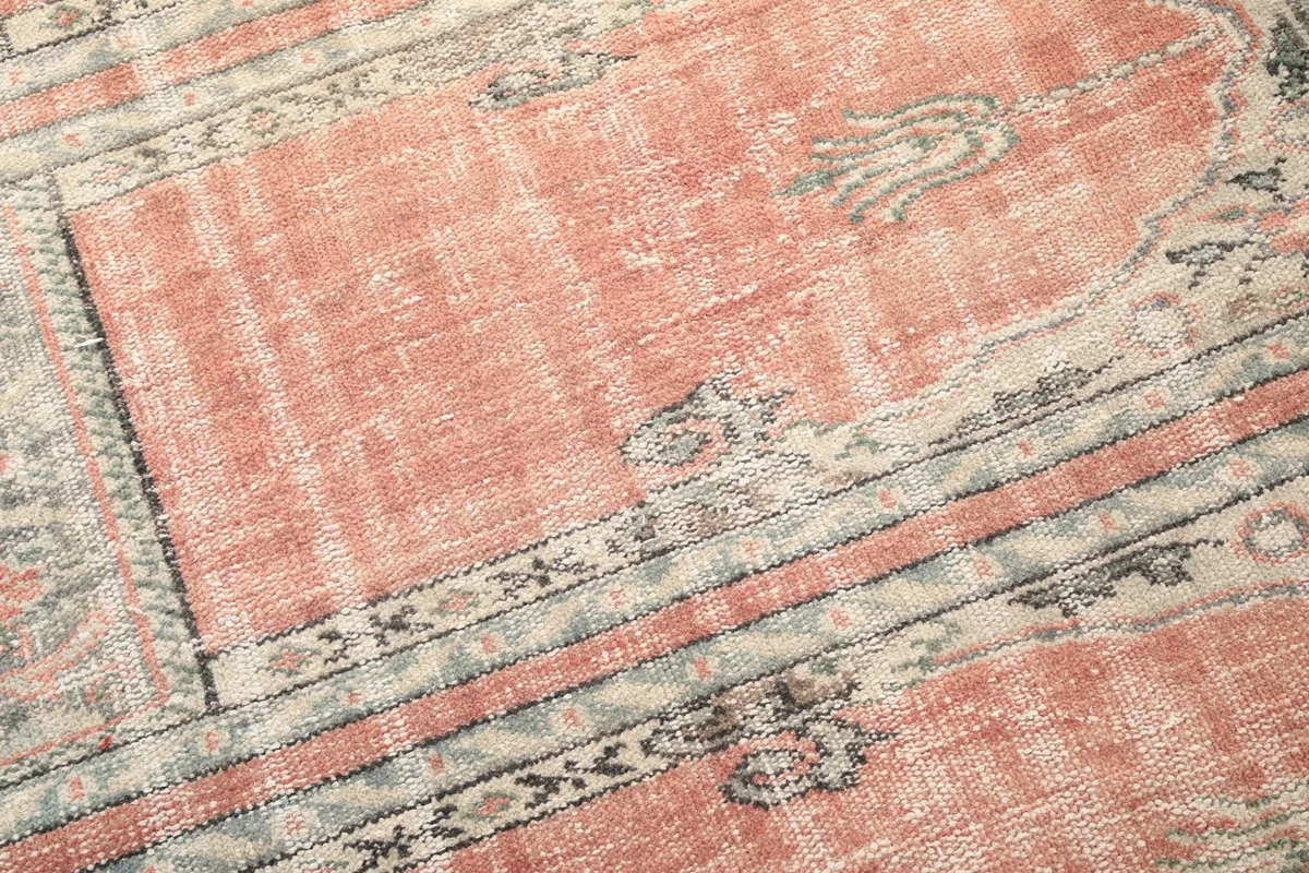 Detailed close-up of the rust field and faded gray and beige geometric border motifs