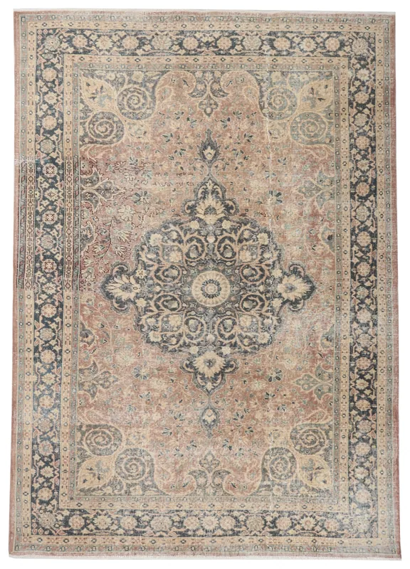 Faded Rust Medallion Anatolian Rug, full top view showing the central navy medallion and floral patterns.