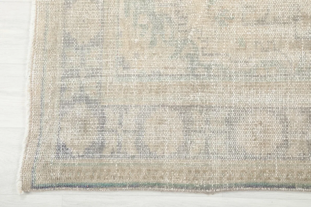 Close-up of the rug's border, showcasing the faded design and subtle color differences
