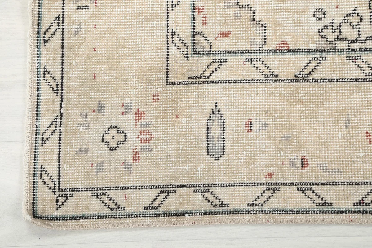 Close-up of the rug's outer border design and corner with geometric motifs