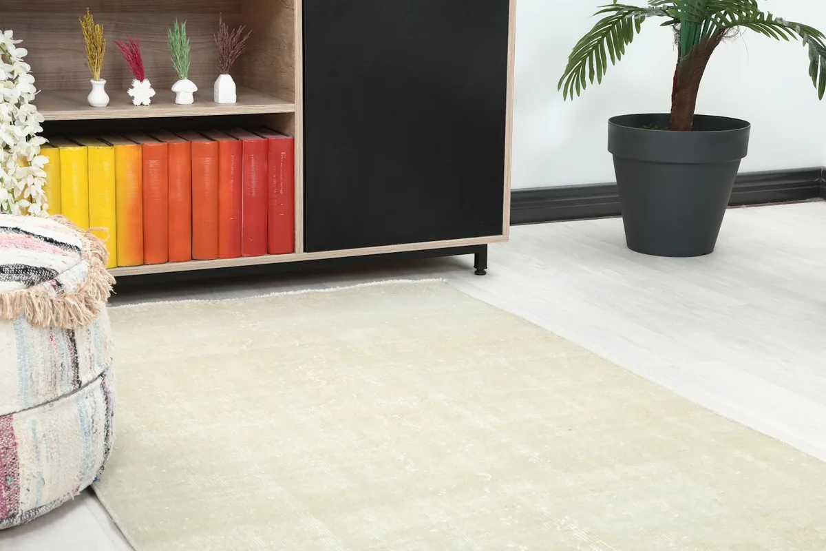 Close-up view of the cream rug on a light floor next to a wooden cabinet with colorful books.