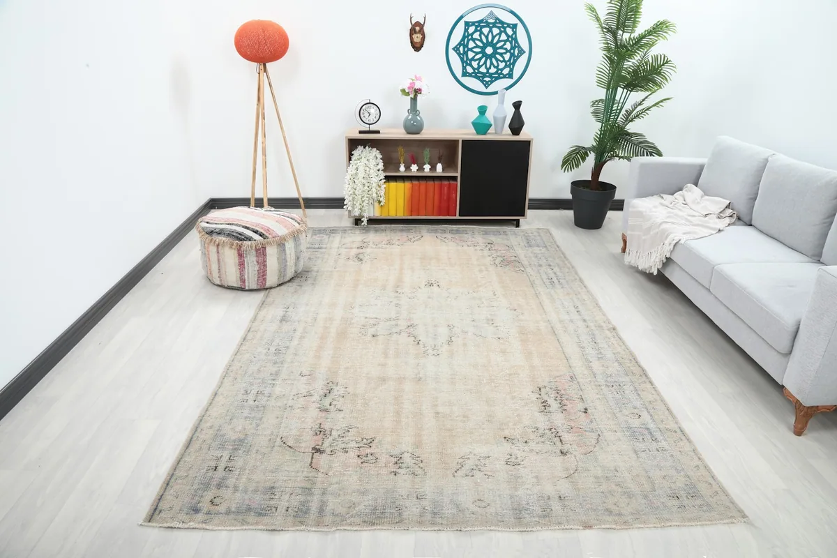 Vintage area rug displayed in a living room setting with a light sofa and decorative items