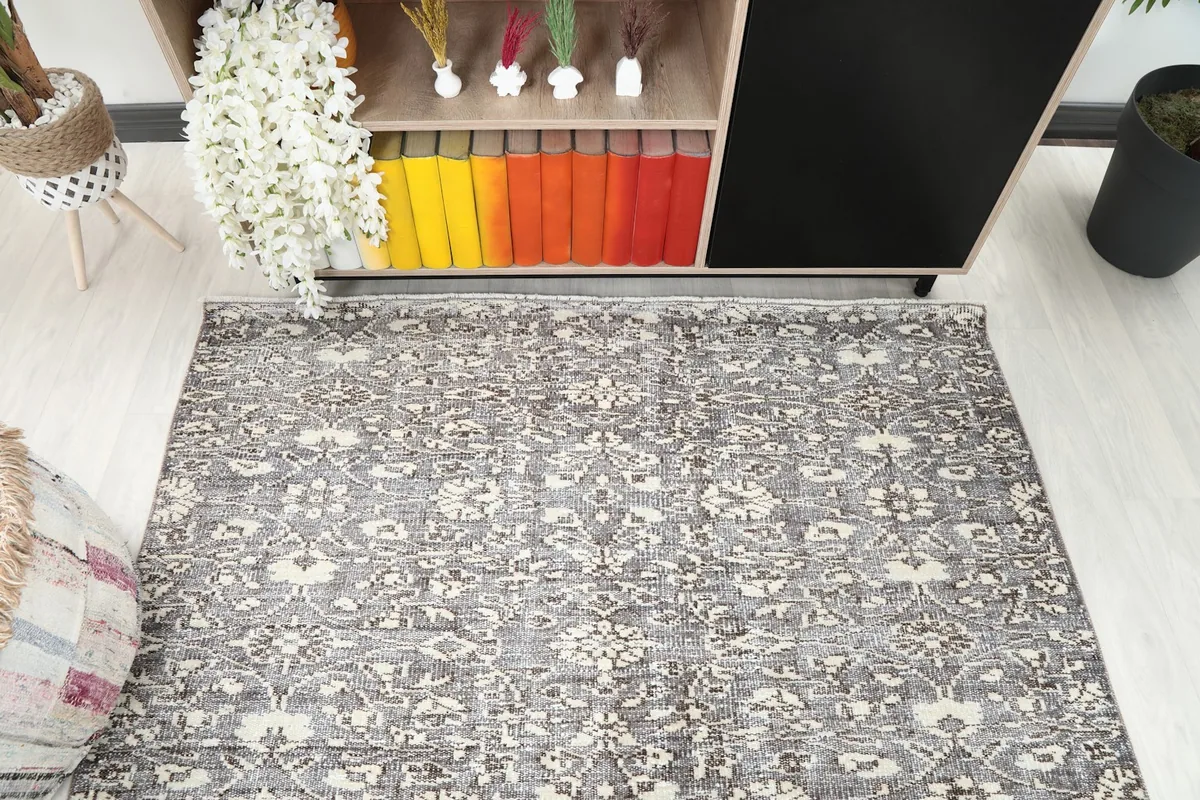 Overhead view highlighting the rug's pattern and color variation from above
