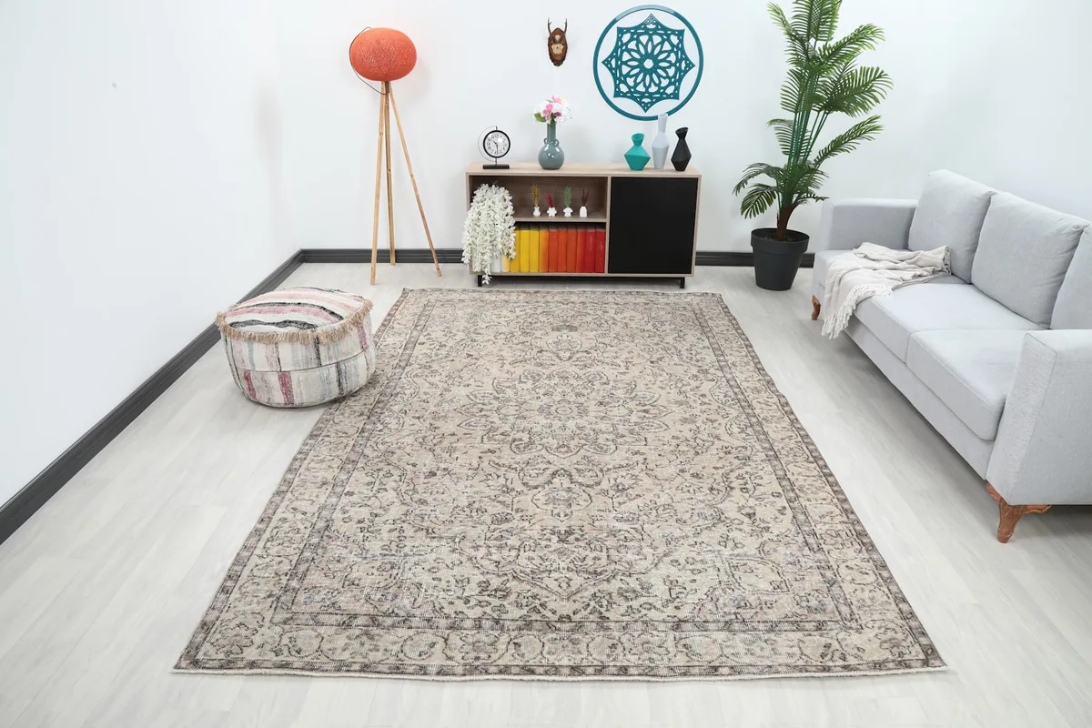 Vintage cream and gray rug displayed in a modern living room setting