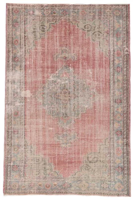 Full overhead view of the 6'1" x 8'10" vintage Anatolian area rug with a rose field and gray medallion