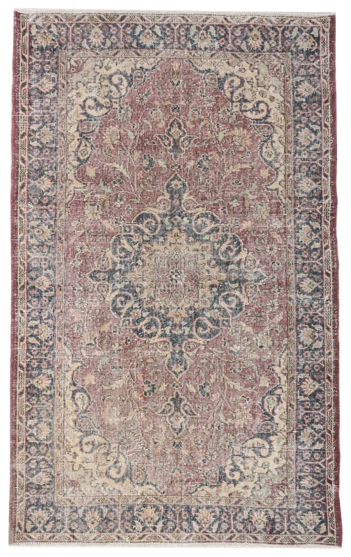 Full top view of the 4'0" x 6'6" rose and navy vintage Anatolian area rug on a white background.