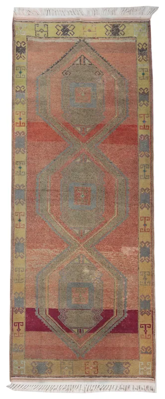 Full top view of the rust geometric vintage Anatolian runner rug on a white background.