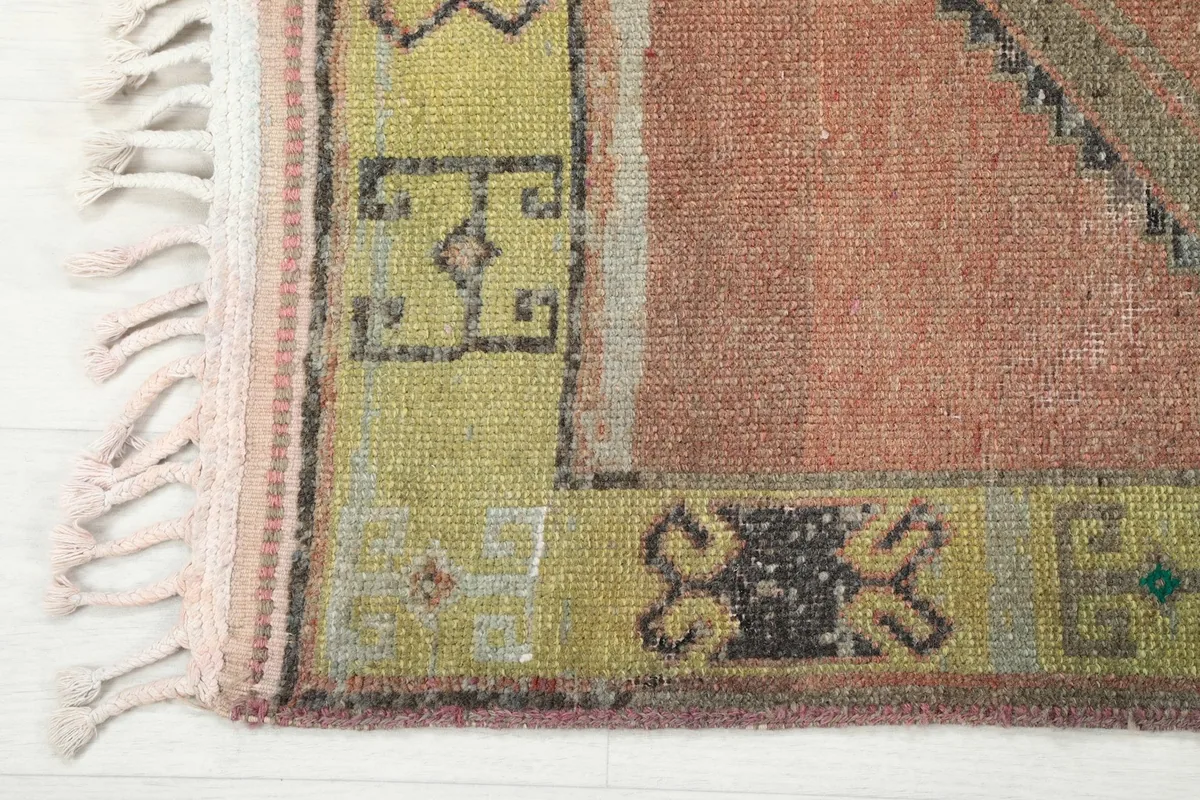 Detail of the olive border with geometric elements and the fringe of the vintage Anatolian runner.