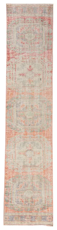 Full top view of the 2'5" x 11'4" vintage Anatolian runner rug with orange, beige, and green geometric patterns.