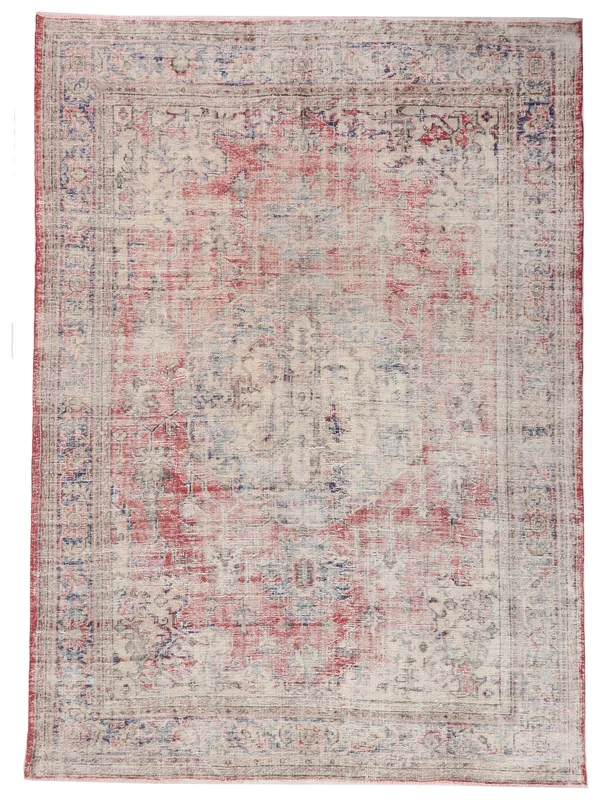 Full top view of the vintage 7'9" x 10'6" Anatolian area rug with red, blue, and beige colors