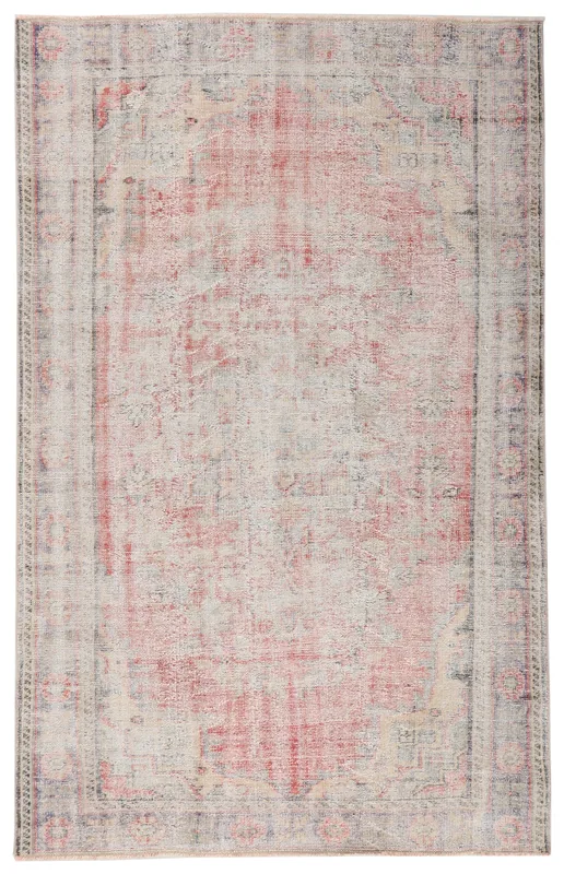 Full overhead view of the vintage Anatolian rug with faded rose and cream colors