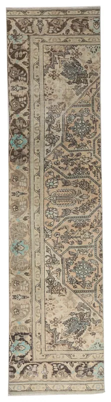 Full top view of the beige and brown floral geometric vintage Anatolian runner