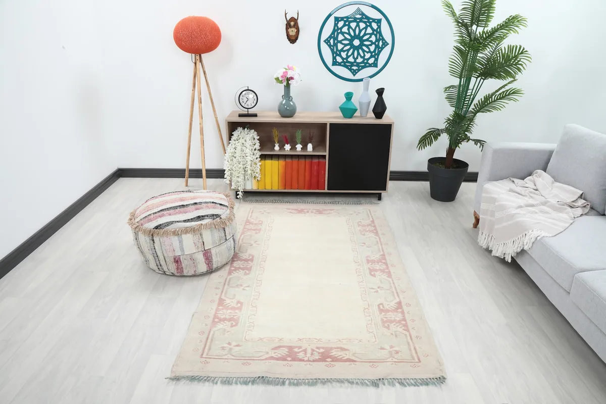 Ivory and rose area rug in a modern living room setting with a gray sofa and wooden cabinet